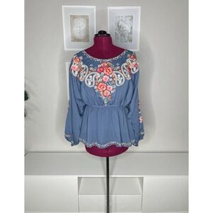 Savanna Jane Shirt Women's 1X Blue Boho Paisley Embroidered Round Neck Tunic